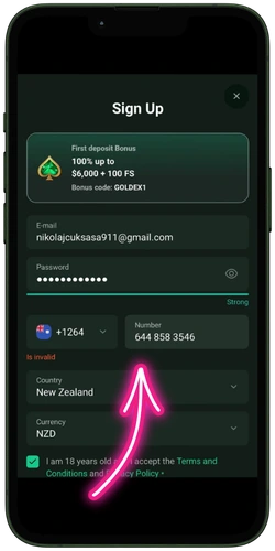 Goldex Casino sign-up form with the e-mail field highlighted as the first step