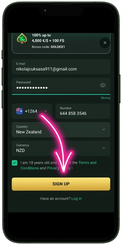 Confirming the 18+ terms and pressing the Sign Up button to finish Goldex Casino registration