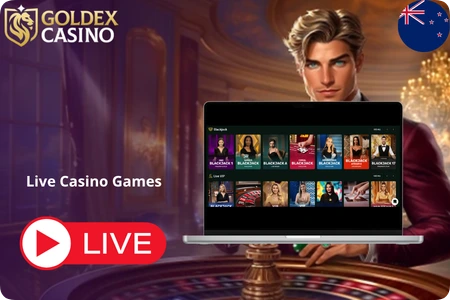 Live casino lobby at Goldex with blackjack and dealer tables