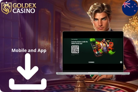 Goldex Casino mobile app page with a QR code for iOS and Android download