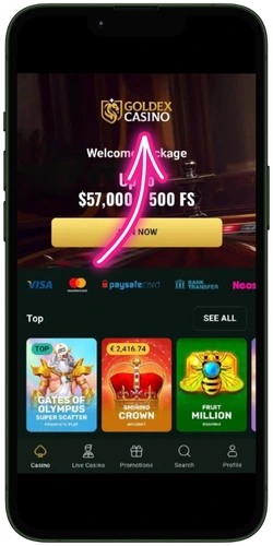Goldex Casino homepage with the NZ$57,000 welcome package banner and Sign Up access
