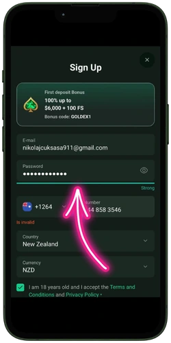 Creating a strong account password in the Goldex Casino sign-up window