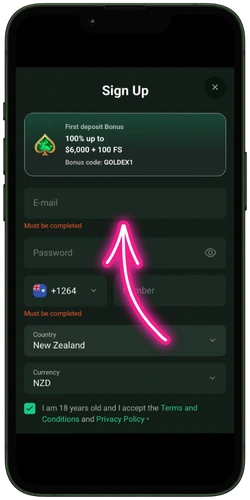 Goldex Casino sign-up form with the e-mail field highlighted as the first step