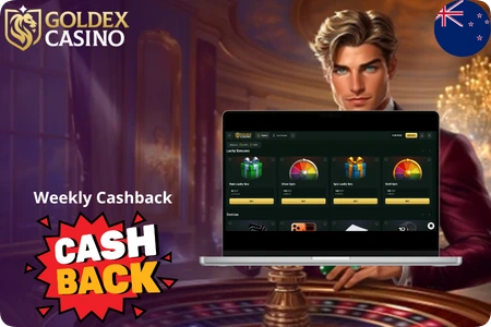 Weekly cashback and Lucky Box rewards page at Goldex Casino