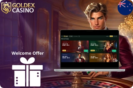 Goldex Casino welcome package screen with four deposit bonus offers for New Zealand players